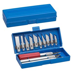 Hobby knife, plastic and steel, 1-1/4 x 1/4 to 1-3/4 x 1/2 inch blades. Sold per 13-piece set.