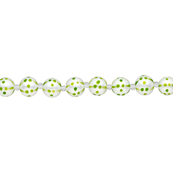 Bead, glass 1pkg8, opaque green and white, hand-painted round. image number 1