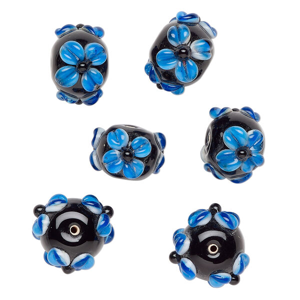 Bead, lampworked glass 1pkg6, opaque black / white / blue, 18x13mm rondelle with flowers. image number 0