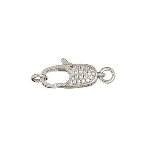 Clasp lobster claw 1pkg1, 17x7mm double-sided / 5mm jump ring, silver-finished brass / cubic zirconia clear 1-strand