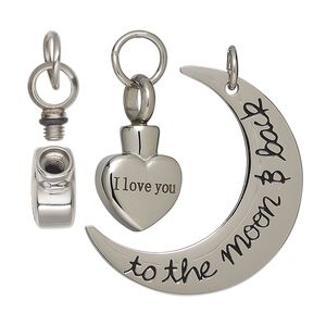 Pendant, stainless steel and silicone, black, 31x24mm flat half moon with "to the moon and back" and 21x11mm heart with "I love you" and watertight chamber. Sold per 2-piece set.