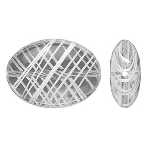 Bead, acrylic, semitransparent clear and white, 33x24mm puffed oval with painted line design. Sold per pkg of 18.