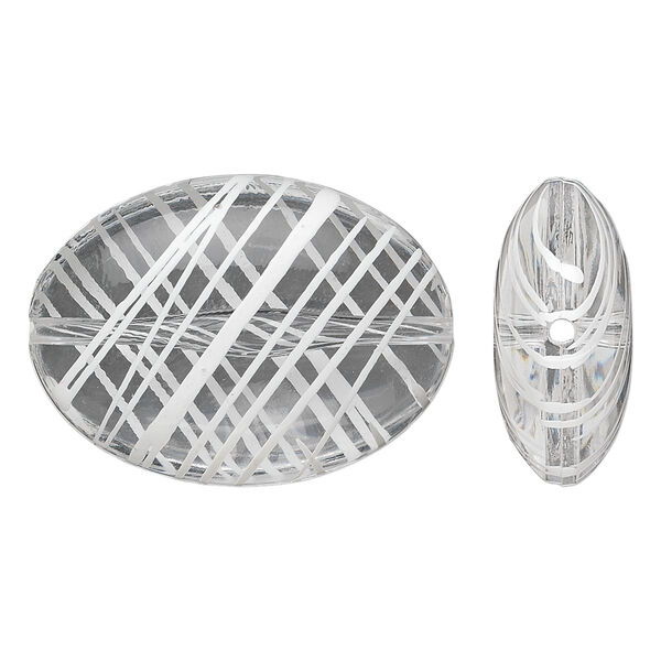 Bead, acrylic, semitransparent clear and white, 33x24mm puffed oval with painted line design. Sold per pkg of 18. image number 0