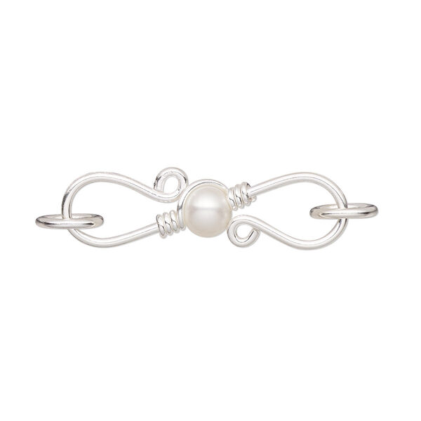 Clasp, S-hook, cultured freshwater pearl (bleached) and sterling silver, white, 28x6mm-30x7mm with 6mm button and (2) 7mm closed jump rings. Sold individually. image number 0