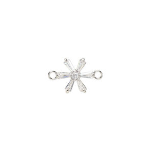 Link, cubic zirconia and silver-plated brass, clear, 11x10mm single-sided flower. Sold per pkg of 2.