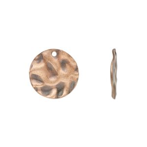 Drop, antique copper-plated steel, 15mm textured flat round. Sold per pkg of 50.