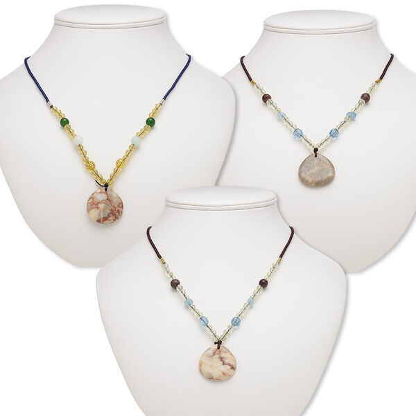 Necklace mix, redline marble / multi-gemstone (natural / dyed) / nylon / acrylic / glass, multicolored, 29x28mm-31x31mm teardrop, 20- to 24-inch continuous loop. Sold per pkg of 3. image number 0