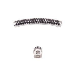 Bead, cubic zirconia and silver-plated brass, black, 28x4mm curved tube. Sold individually.