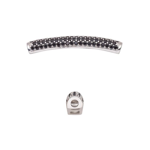 Bead, cubic zirconia and silver-plated brass, black, 28x4mm curved tube. Sold individually. image number 0