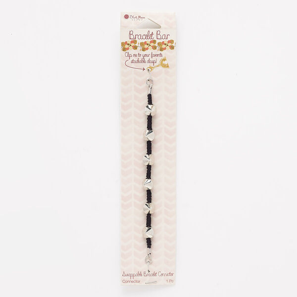 Bracelet component, cotton / silver-finished "pewter" (zinc-based alloy) / steel, black, 9x8mm spike with braid. Sold individually. image number 0