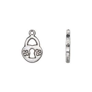 Charm, antique silver-plated "pewter" (zinc-based alloy), 14x11mm double-sided lock with flower design. Sold per pkg of 50.
