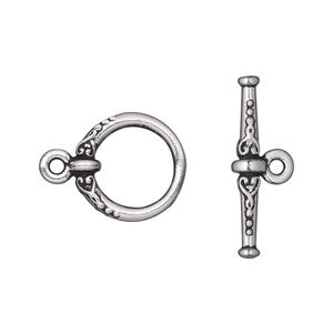 Clasp toggle 1pkg1 silver-plated pewter (tin alloy), 16mm fancy round, antique TierraCast® 1-strand