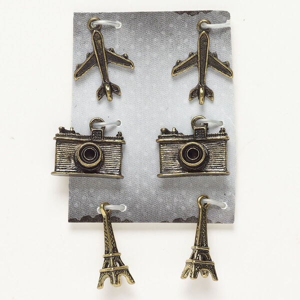Charm assortment "pewter" zinc-based alloy 6pk mixed sizes travel shapes, antique gold finish image number 0