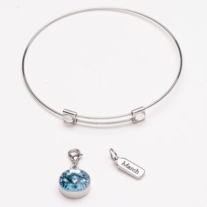 Bracelet and charm "pewter" zinc-based alloy steel 3pk 8-inch bangle, silver finish aquamarine