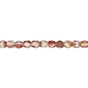 Bead, Czech fire-polished glass, pink and peach luster, 4mm faceted round. Sold per 15-1/2" to 16" strand.