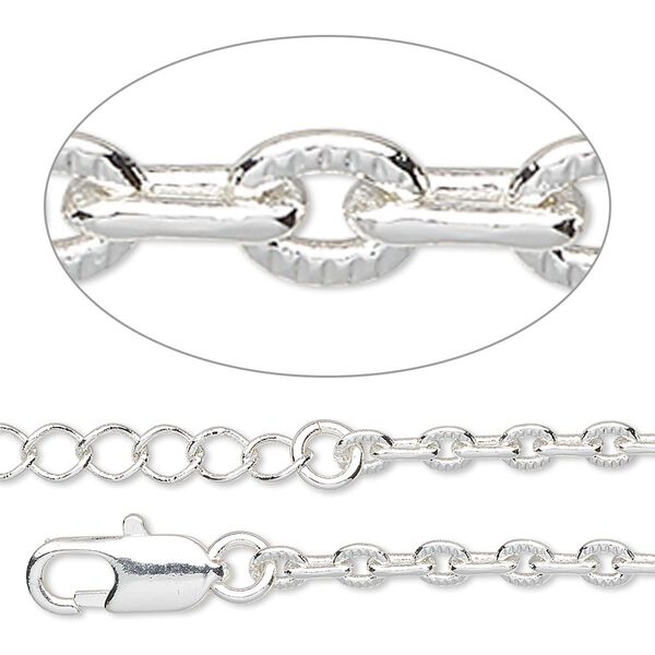 Chain, silver-plated brass, 3mm textured cable, 24 inches with lobster claw clasp and 1 to 3 inches extender chain. Sold individually. image number 0