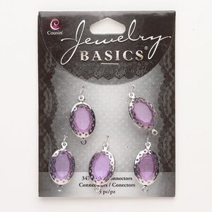 Link, brass and acrylic, pkg/5, silver finish and purple, 19x14mm faceted oval.
