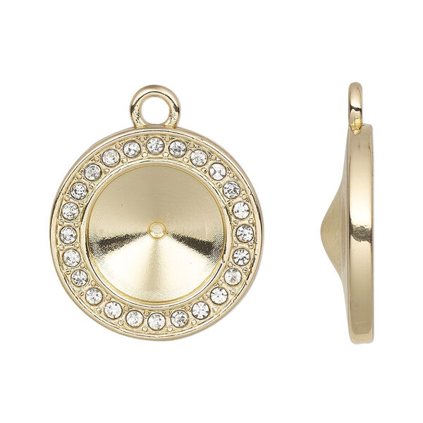 Drop, Almost Instant Jewelry®, cubic zirconia and gold-finished "pewter" (zinc-based alloy), clear, 19.5mm single-sided round with 12mm rivoli glue-in setting. Sold per pkg of 2. image number 0