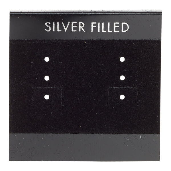 Earring card, flocked plastic, black and silver, 2x2-inch square with "SILVER FILLED." Sold per pkg of 25. image number 0