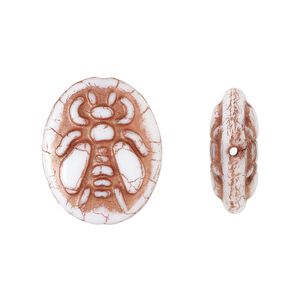 Bead, Preciosa Czech pressed glass, opaque alabaster copper finish, 22x18mm oval scarab. Sold per pkg of 5.
