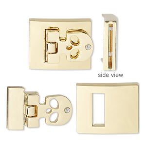 Clasp, hinged buckle 1pkg1, glass rhinestone / gold-finished steel / "pewter" (zinc-based alloy), clear, 29x23mm rectangle with skull and cutouts with glue-in ends and (6) micro screws, 20x1.5mm inside diameter.