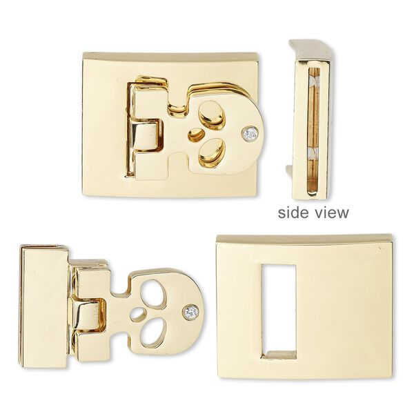 Clasp, hinged buckle 1pkg1, glass rhinestone / gold-finished steel / "pewter" (zinc-based alloy), clear, 29x23mm rectangle with skull and cutouts with glue-in ends and (6) micro screws, 20x1.5mm inside diameter. image number 0