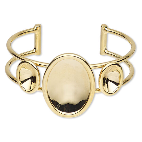 Bracelet, Almost Instant Jewelry®, cuff, gold-plated brass and "pewter" (zinc-based alloy), 35mm wide with 14x10mm and 30x22mm oval setting, adjustable. Sold individually. image number 0