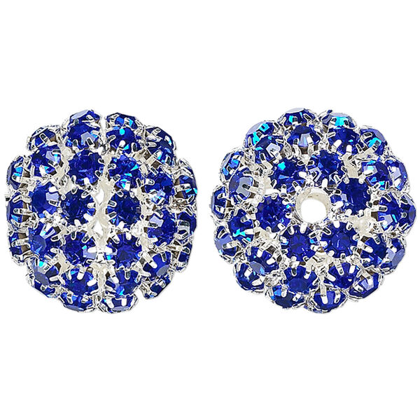 Bead, glass rhinestone and silver-plated brass, cobalt, 27mm ball with 5mm chatons, 4.5mm hole. Sold individually. image number 0
