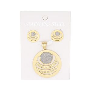 Pendant and earring, glass rhinestone / glitter paper / gold-finished stainless steel, silver and clear, 35mm round pendant with cutout design, 15mm round with cutout design and post. Sold per set.