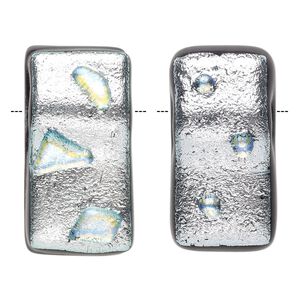 Bead, Paula Radke, dichroic glass, opaque silver / blue / yellow, 31x15mm-33x18mm top-drilled rectangle. Sold individually.