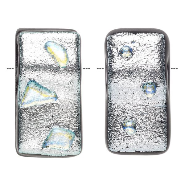 Bead, Paula Radke, dichroic glass, opaque silver / blue / yellow, 31x15mm-33x18mm top-drilled rectangle. Sold individually. image number 0