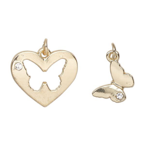Charm, gold-finished "pewter" (zinc-based alloy) and glass, clear, 20x18mm heart with butterfly cutout design and 13mm single-sided butterfly. Sold per pkg of (2) 2-piece sets. image number 0