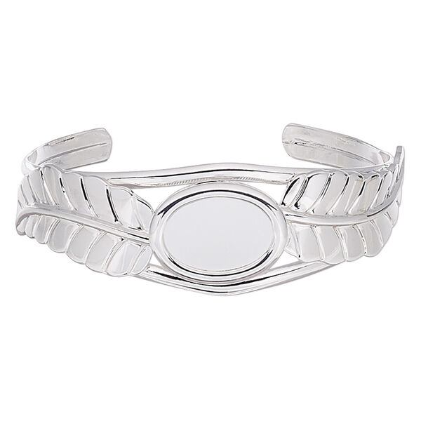 Bracelet, cuff, silver-plated brass / steel / "pewter" (zinc-based alloy), 22mm wide with 65x18mm feather and 18x13mm oval setting, adjustable. Sold individually. image number 0