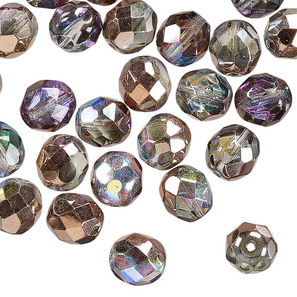 Bead 1pkg50 Czech fire-polished glass, 8mm faceted round, opaque half-coated clear AB / metallic Capri gold image number 0