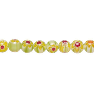 Bead, millefiori glass 1pkg1, translucent green / golden yellow / multicolored, 6mm round, 15 inches.