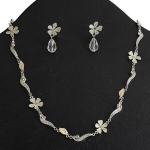 Necklace and earring set, Everyday Jewelry, epoxy / acrylic / crystals / rhodium-finished "pewter" (zinc-based alloy), white / clear / crystal clear with glitter, flower, 16 inches with fold-over clasp, 1-1/8 inch earrings with post. Sold per set.
