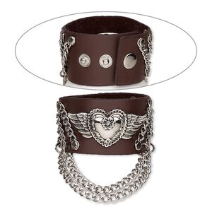 Bracelet, leather (dyed) / silver-plated steel / antique silver-plated "pewter" (zinc-based alloy), brown, 40mm wide with heart and wings, adjustable from 5 to 6-1/2 inches with snap closure. Sold individually.