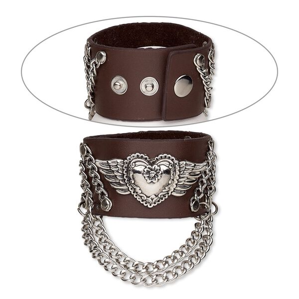 Bracelet, leather (dyed) / silver-plated steel / antique silver-plated "pewter" (zinc-based alloy), brown, 40mm wide with heart and wings, adjustable from 5 to 6-1/2 inches with snap closure. Sold individually. image number 0