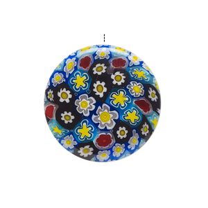 Drop, millefiori glass, translucent multicolored, 24-26mm top-drilled puffed flat round with flower design. Sold individually.