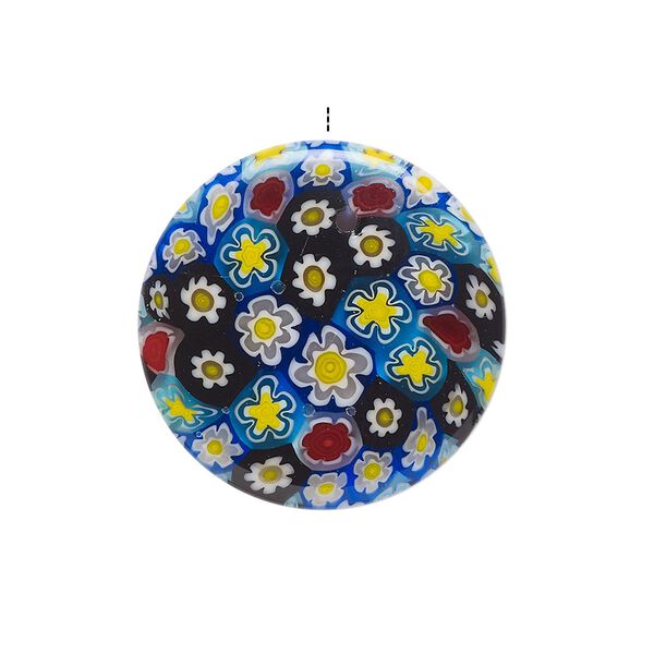 Drop, millefiori glass, translucent multicolored, 24-26mm top-drilled puffed flat round with flower design. Sold individually. image number 0