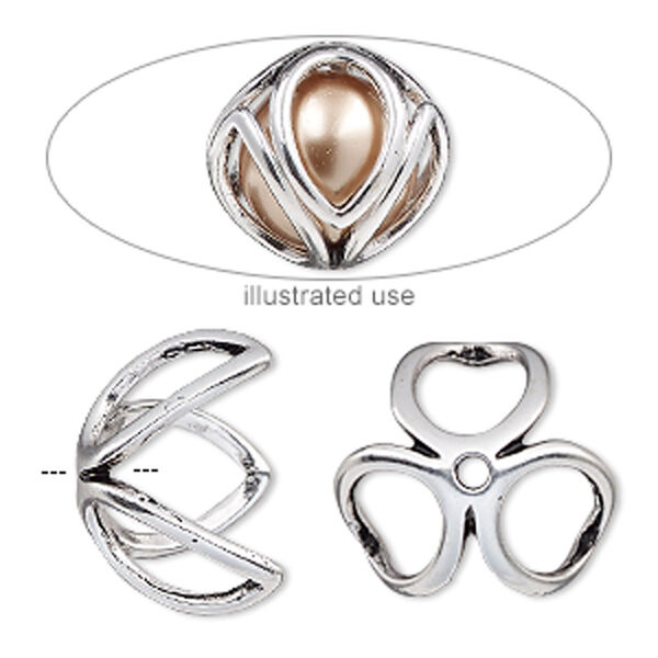 Bead cage, antique silver-plated "pewter" (zinc-based alloy), 18mm round with oval cutout design, fits up to 14mm bead. Sold per 2-piece set. image number 0