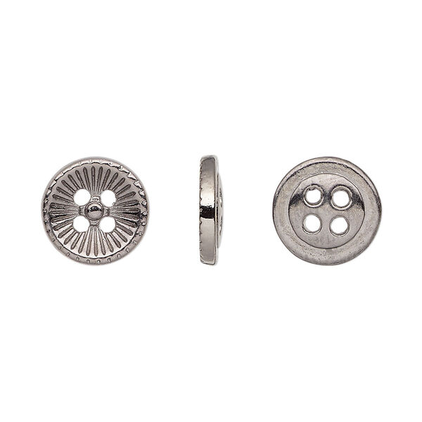 Button, gunmetal-finished "pewter" (zinc-based alloy), 11.5mm single-sided corrugated round. Sold per pkg of 50. image number 0