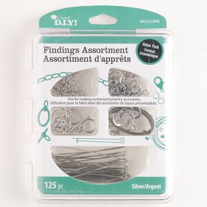 Finding assortment, "pewter" (zinc-based alloy) / steel / brass, pkg/1, assorted sizes and shapes, silver finish.