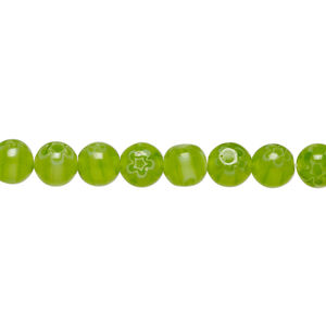 Bead, millefiori glass 1pkg1, translucent white and light green, 6mm round, 15 inches.