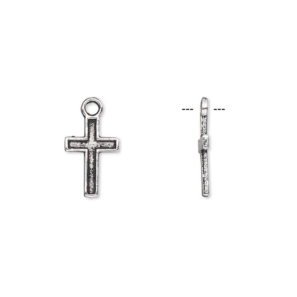Drop, antique silver-plated "pewter" (zinc-based alloy), 12x8mm single-sided cross. Sold per pkg of 10. image number 0