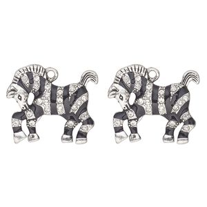 Charm, antique silver-finished "pewter" (zinc-based alloy), enamel and glass, black and clear, 26x19mm single-sided zebra. Sold per pkg of 2.