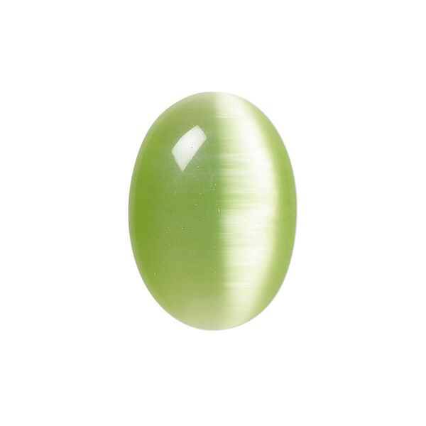 Cabochon, cat's eye glass (fiber optic glass), light green, 25x18mm calibrated oval, quality grade. Sold per pkg of 4. image number 0