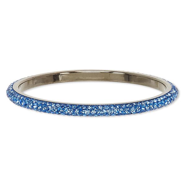 Bracelet, bangle, epoxy / Preciosa glass rhinestone / gunmetal-plated brass, black and royal blue, 6mm wide, 8-1/2 inches. Sold individually. image number 0