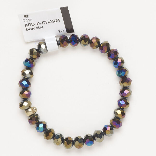 Bracelet, stretch, gold-finished brass and glass, purple bronze AB, 8mm faceted rondelle and 5x6mm rondelle with bottom loop, 6-1/2 inches. Sold individually. image number 0