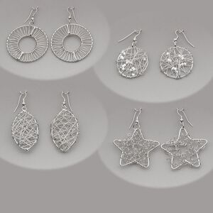Earring mix, silver-plated steel, mixed wire-wrapped styles. Sold per pkg of 4 pairs.